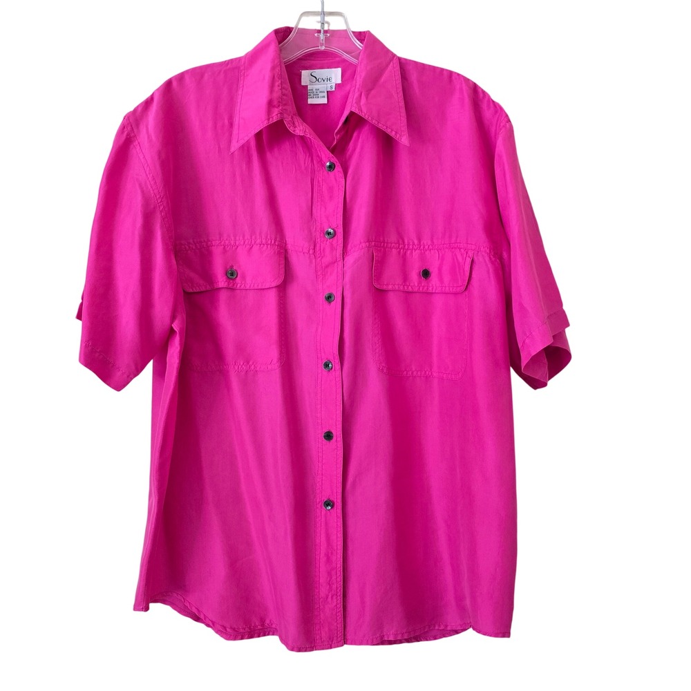 Sovie Hot Pink 100% Silk Short Sleeve Button Down Shirt Fuchsia Womens Small‎